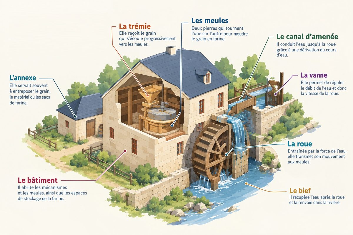 Plan de structure d'un moulin à eau