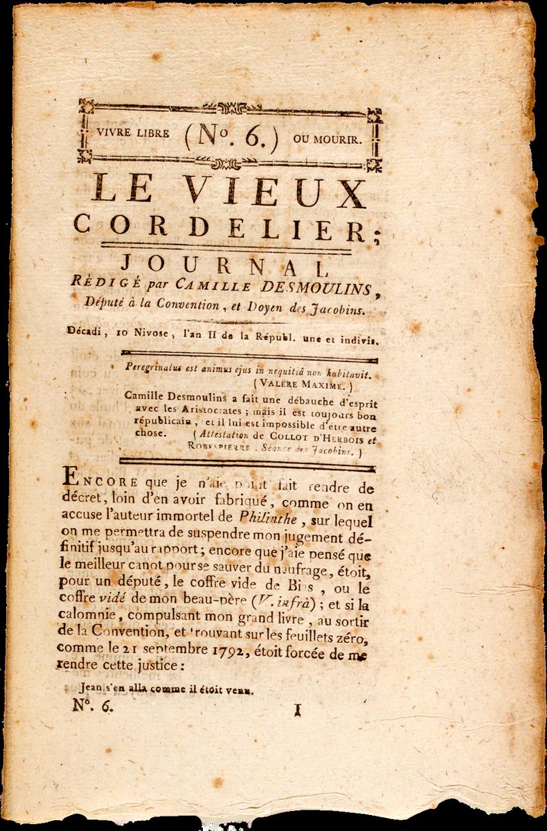 Article de Desmoulins dans le journal "Le Vieux Cordelier"